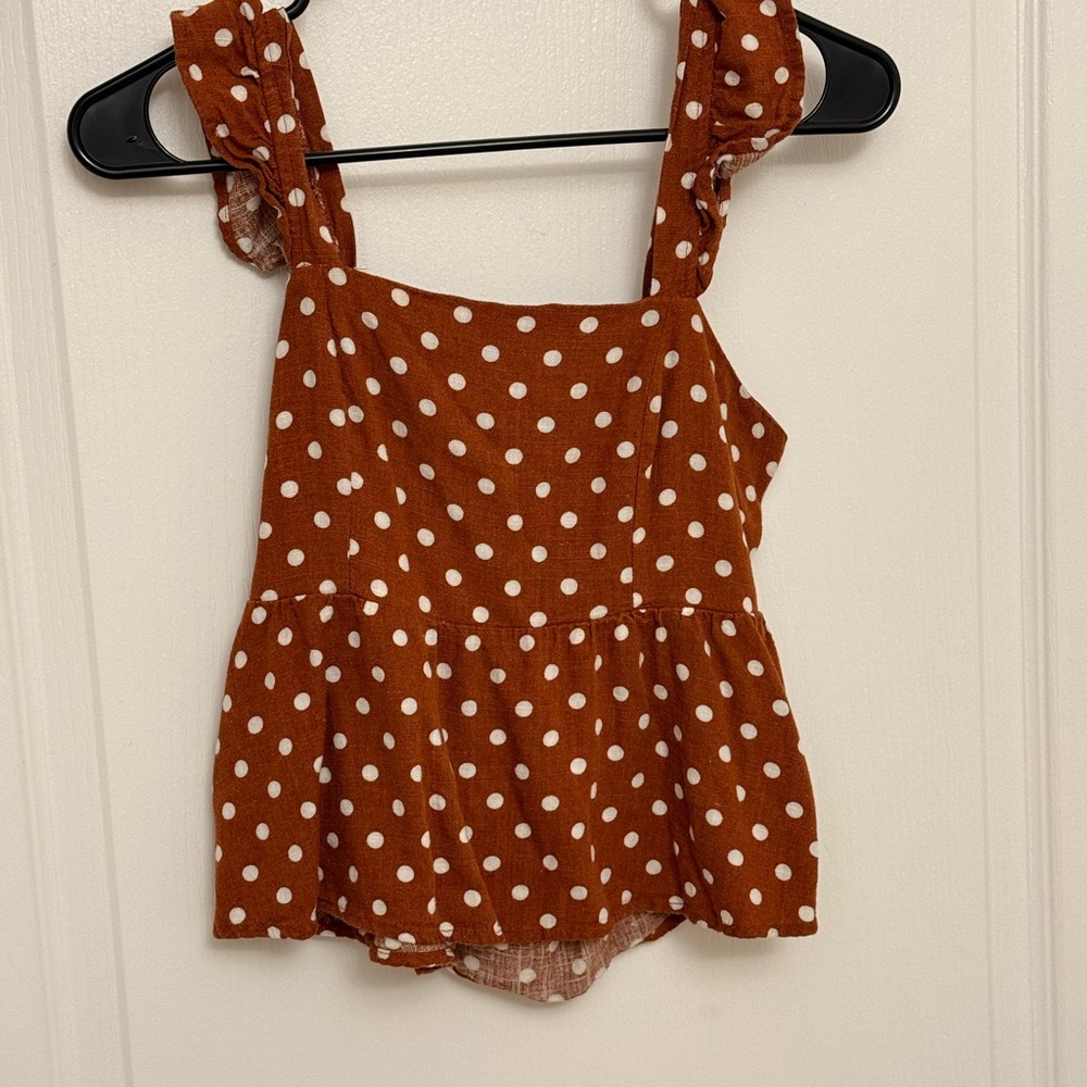 Polka Dot Ruffle Strap Top - Brown
